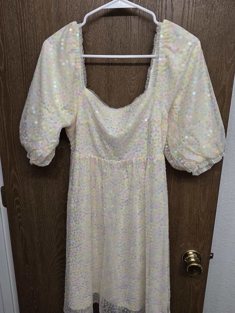 Pastel Sequin Puff Sleeve Dress - Yellow